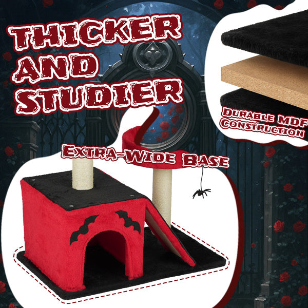 Gothic Cat Tree – Halloween Cat Tower with Condo, Perches, Spider Toy & Scratching Posts (Red & Black)