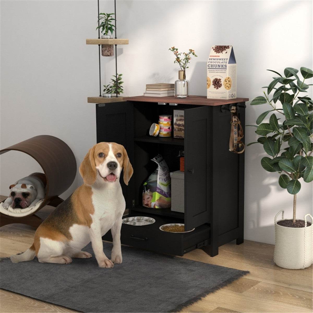 Dog Food Storage Cabinet with Built-in Bowls – Space-Saving Pet Feeder & Organizer (Black/Rustic Brown)