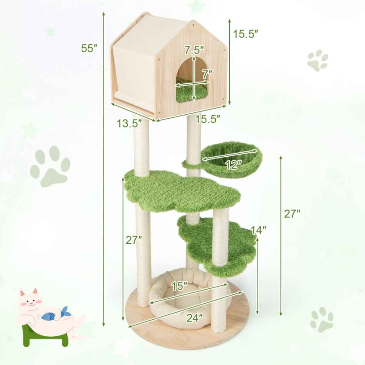 55" - 5-Story Cat Tree with Condo, Hammock, and Scratching Posts