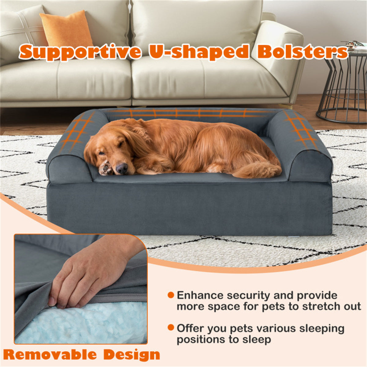 40" Orthopedic Memory Foam Dog Sofa Bed – Large Pet Bed with Headrest & Washable Cover for Joint Support