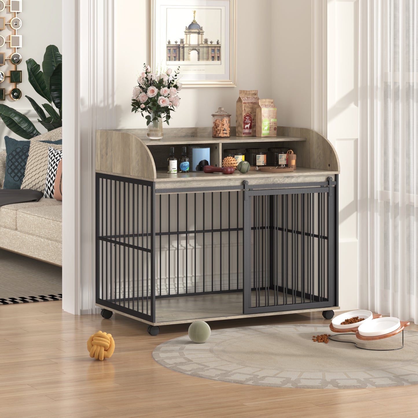 44" Heavy-Duty Wooden Dog Crate with Storage & Lockable Wheels – Stylish End Table Kennel (Gray)