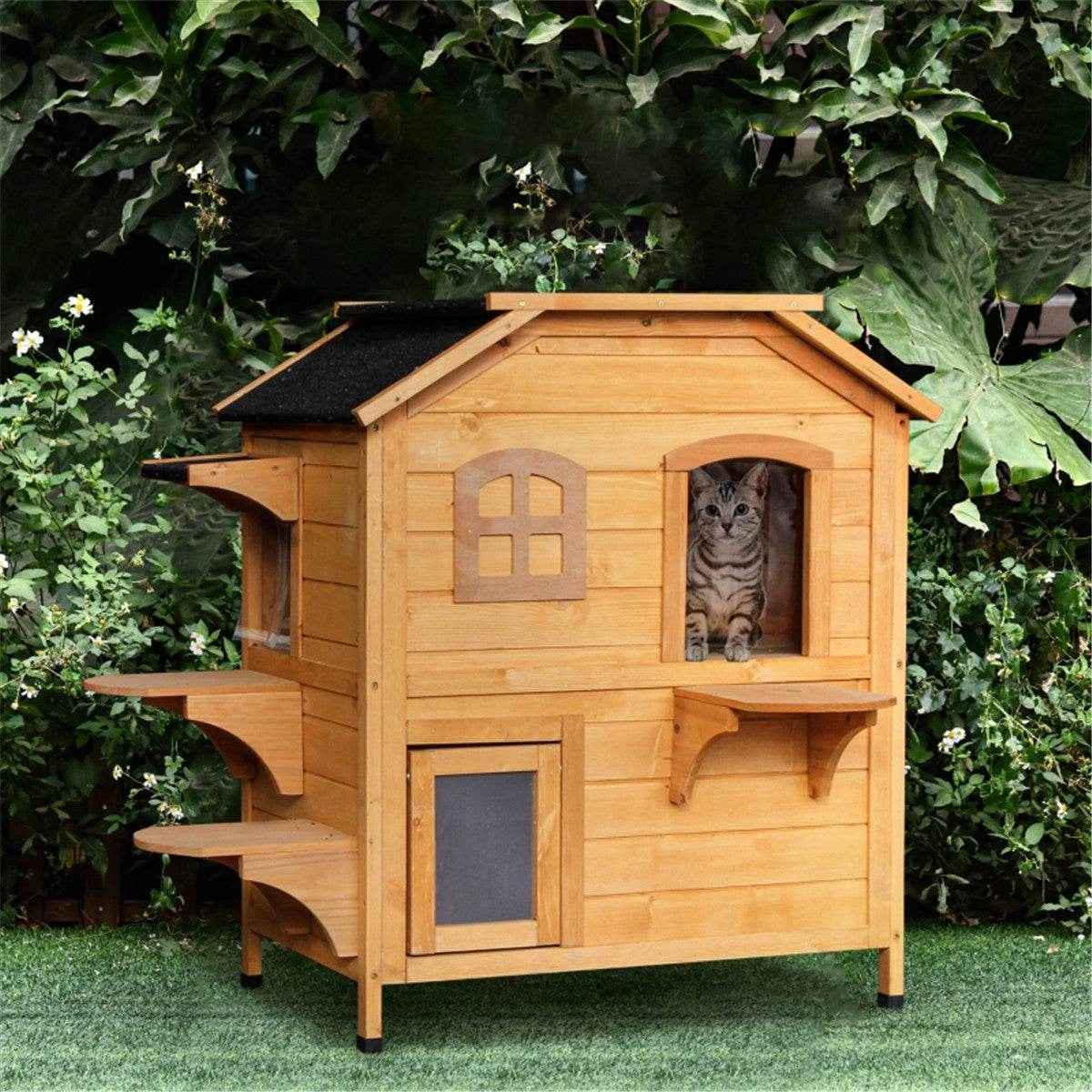 Wooden Two-Story Cat House – Indoor & Outdoor Use