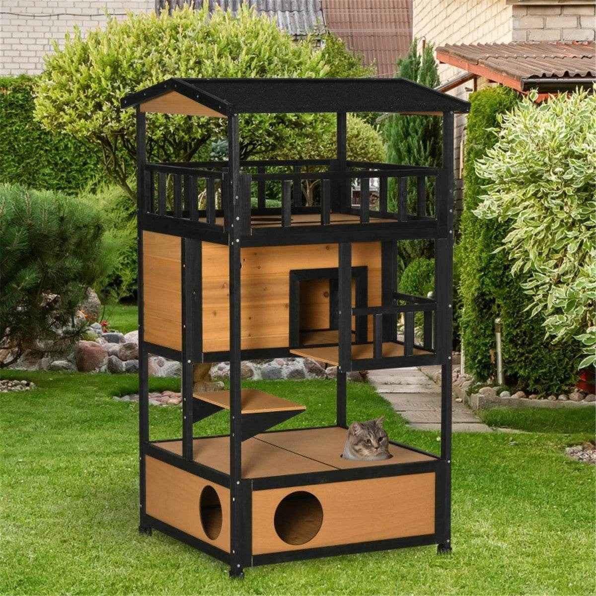 Durable Wooden Cat House with Multi-Entrances and Waterproof Roof for Indoor & Outdoor Use