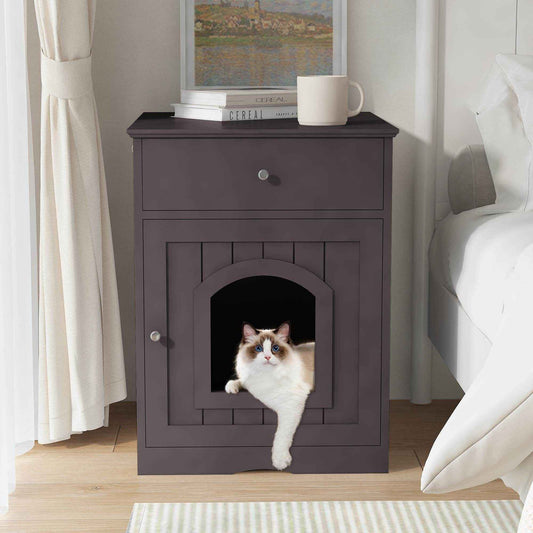 Wooden Cat Litter Box Enclosure with Drawer - Indoor Pet House & Nightstand (Brown)