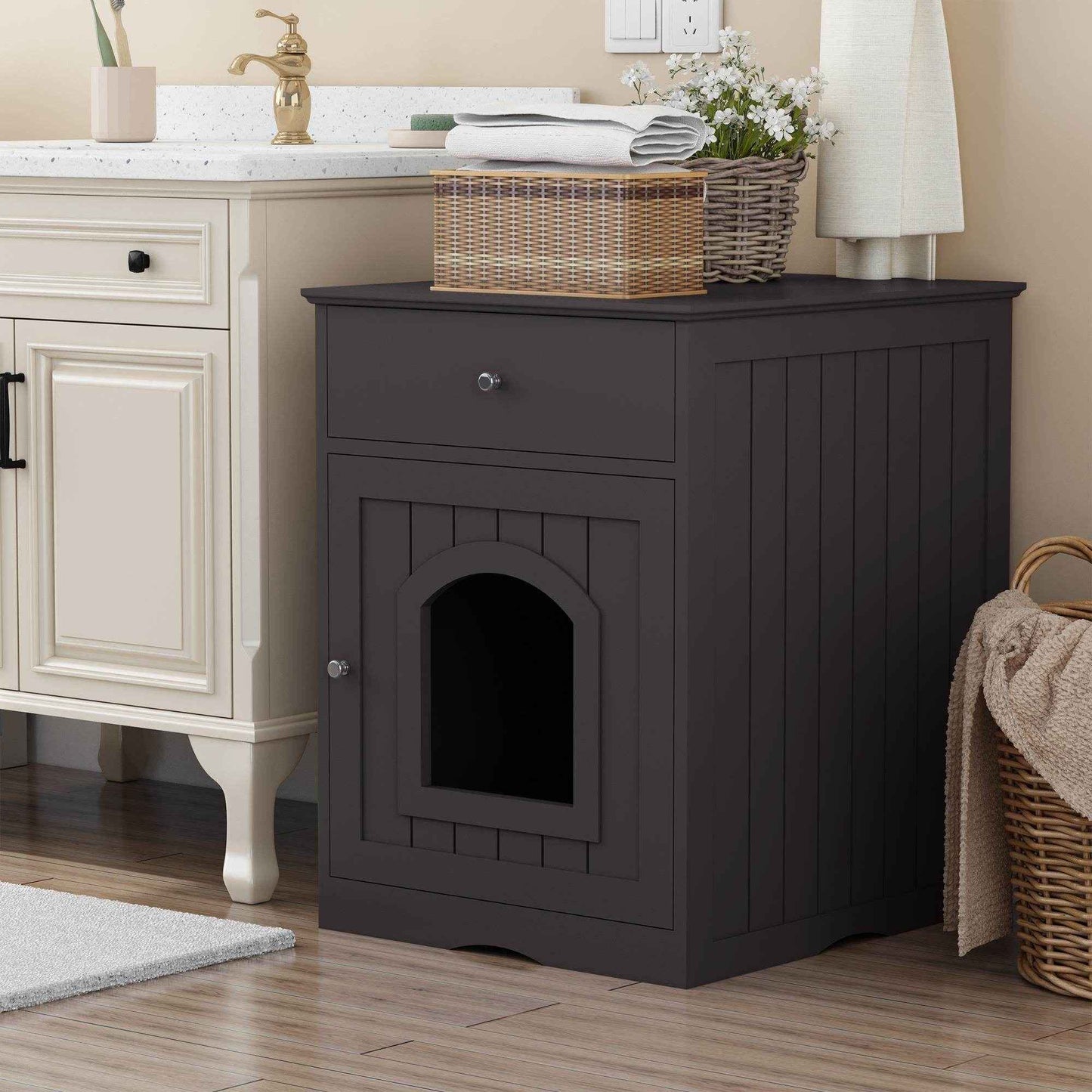 Wooden Cat Litter Box Enclosure with Drawer - Indoor Pet House & Nightstand (Brown)