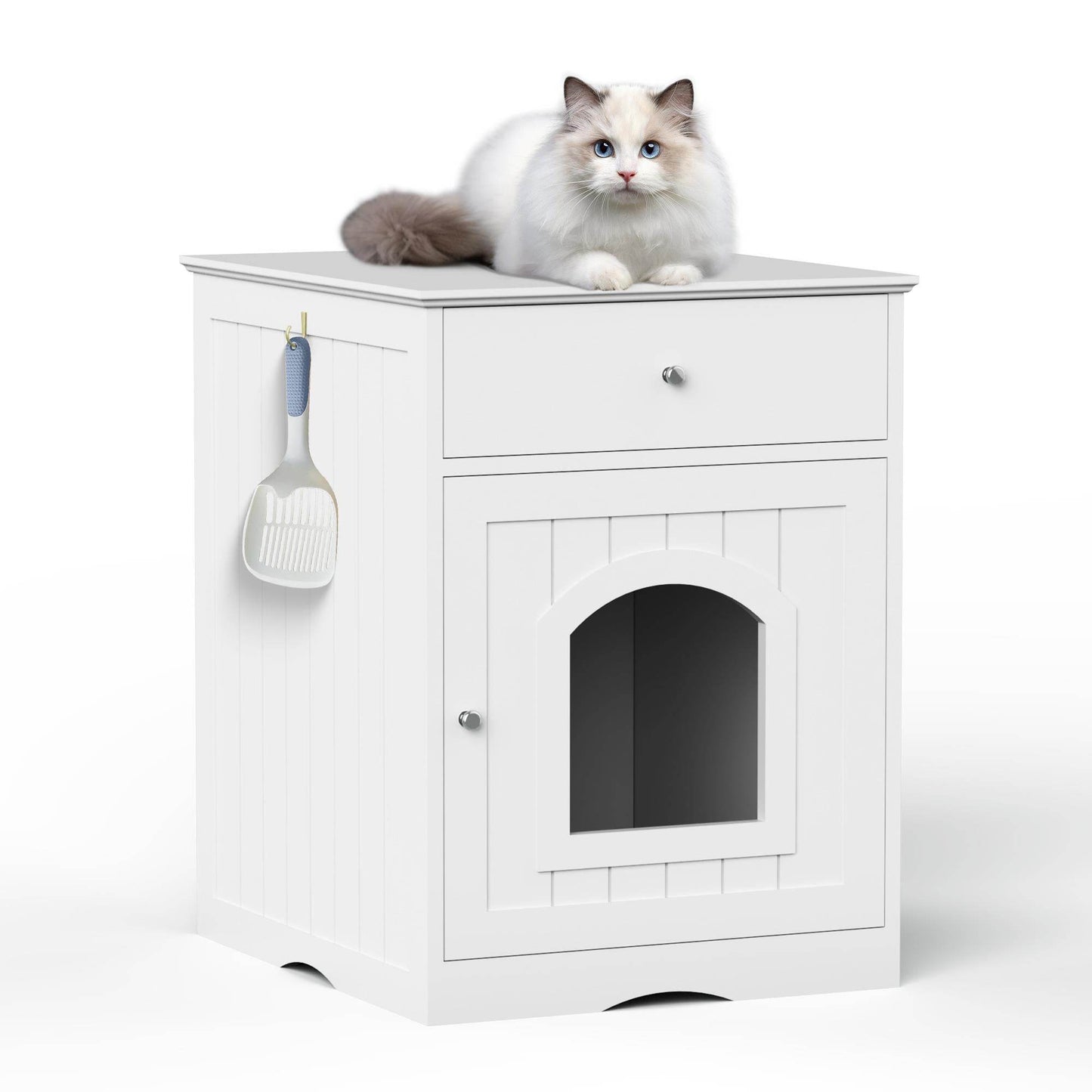 Wooden Cat Litter Box Enclosure with Drawer - Indoor Pet House & Nightstand (White)