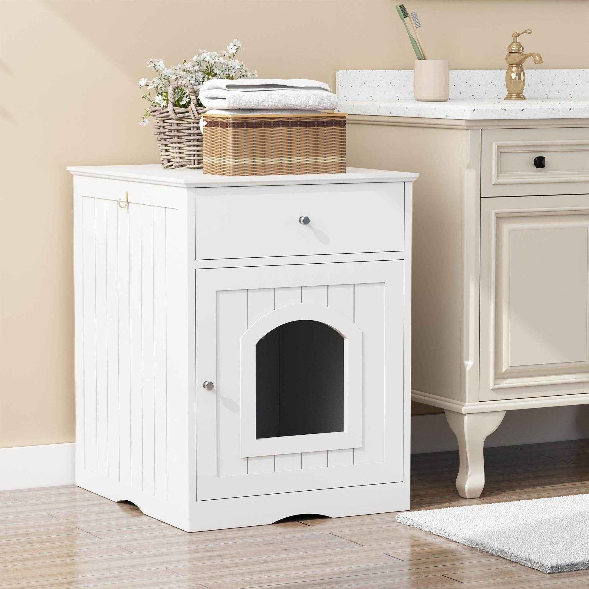 Wooden Cat Litter Box Enclosure with Drawer - Indoor Pet House & Nightstand (White)