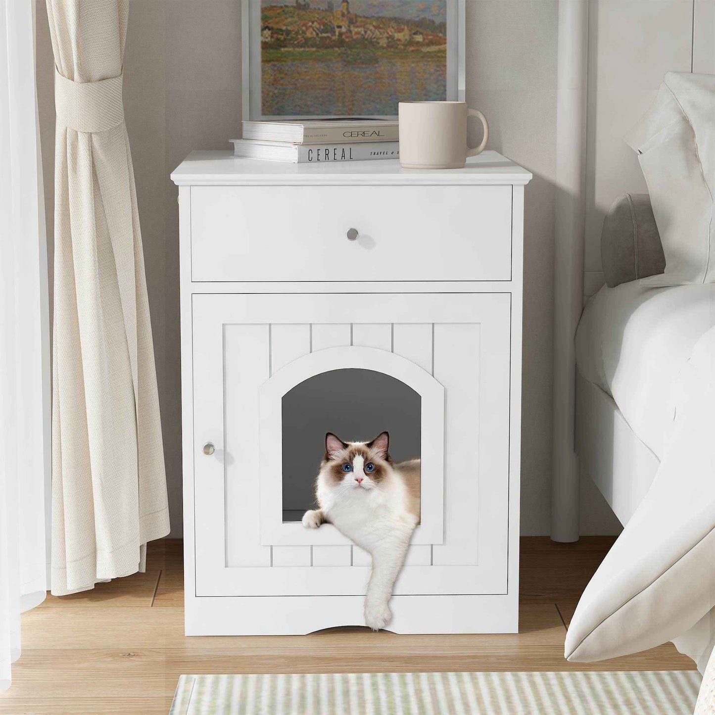 Wooden Cat Litter Box Enclosure with Drawer - Indoor Pet House & Nightstand (White)