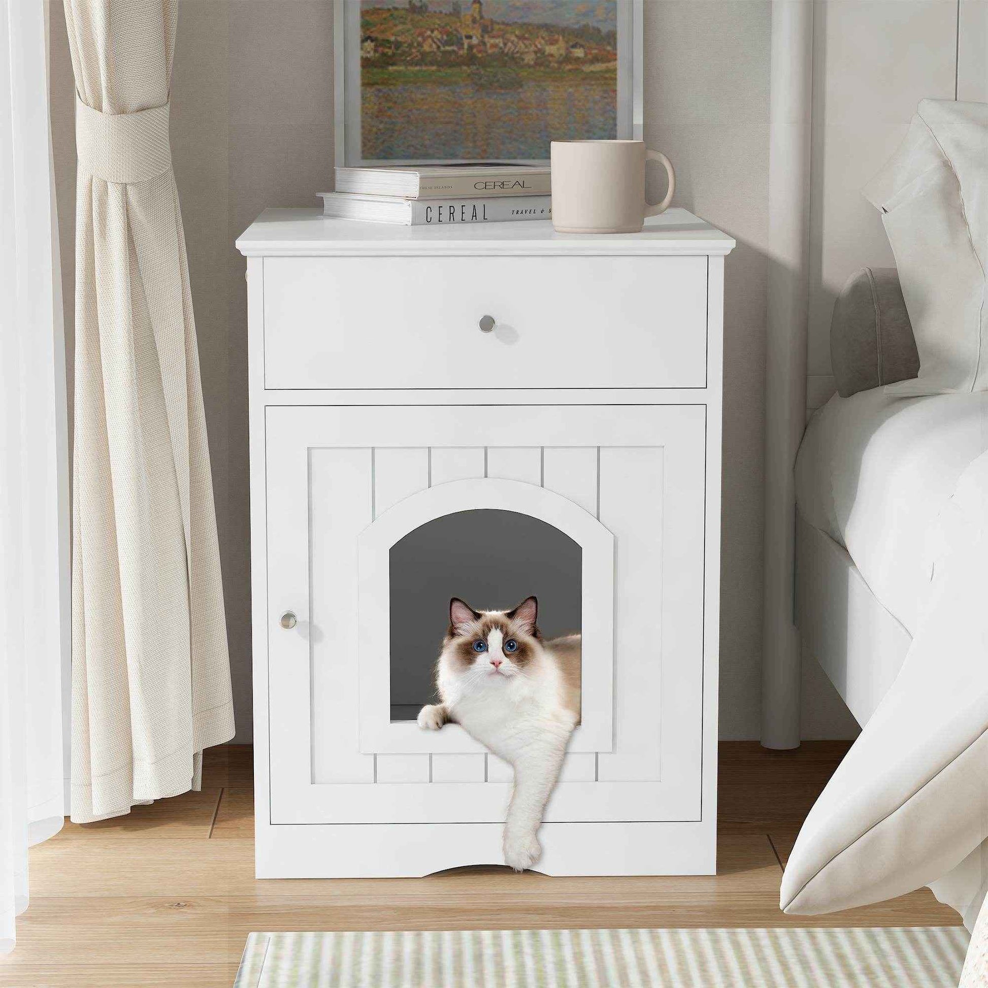 Wooden Cat Litter Box Enclosure with Drawer - Indoor Pet House & Nightstand (White)