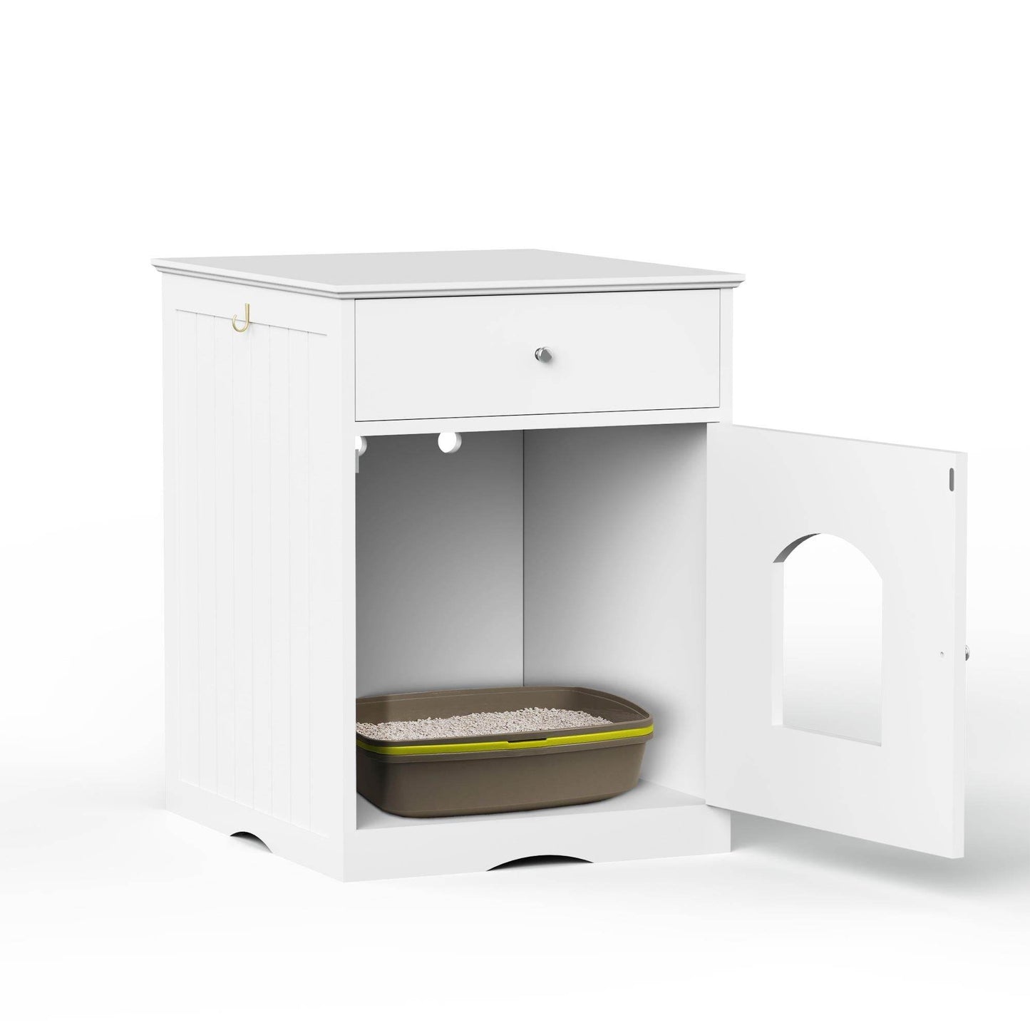 Wooden Cat Litter Box Enclosure with Drawer - Indoor Pet House & Nightstand (White)