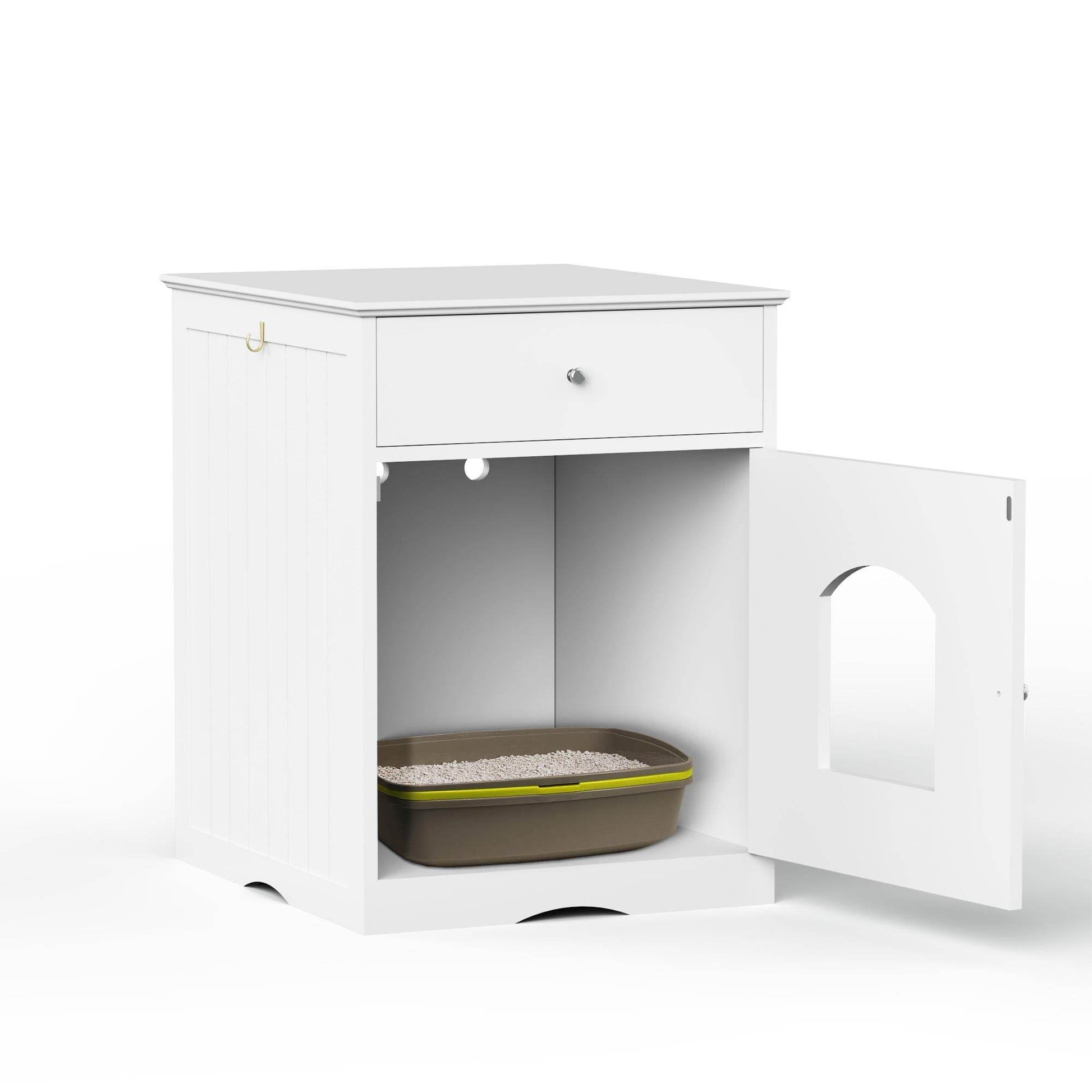 Wooden Cat Litter Box Enclosure with Drawer - Indoor Pet House & Nightstand (White)