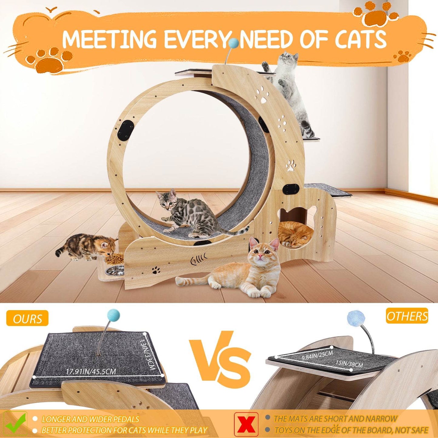 6-in-1 Cat Exercise Wheel – Upgraded Silent Cat Running Wheel for Indoor Cats, Large Cat Treadmill and Walking Wheel, Multi-Functional Cat Furniture & Toy
