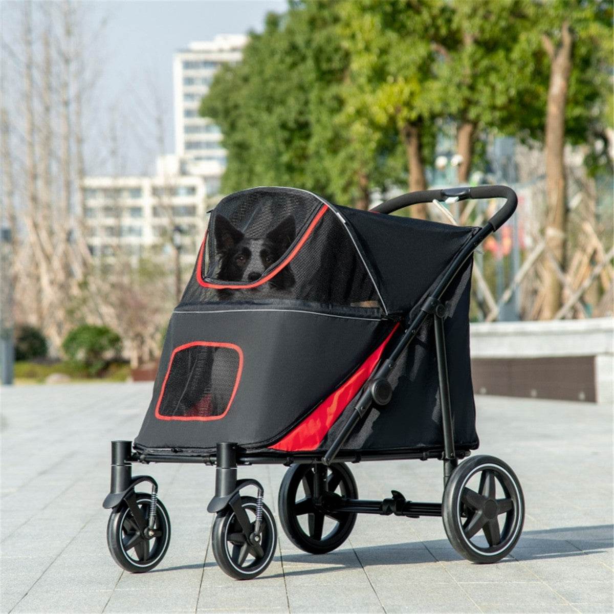 Large Dog Stroller – Foldable Pet Carrier with Shock Absorbers & Safety Leashes