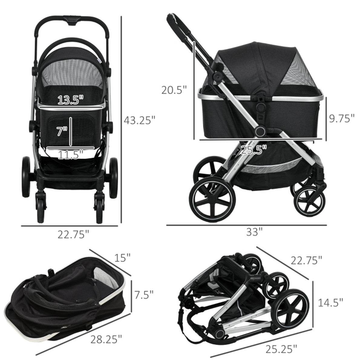 Lightweight Foldable Dog Stroller – Adjustable Canopy, Secure & Comfortable for Small Pets