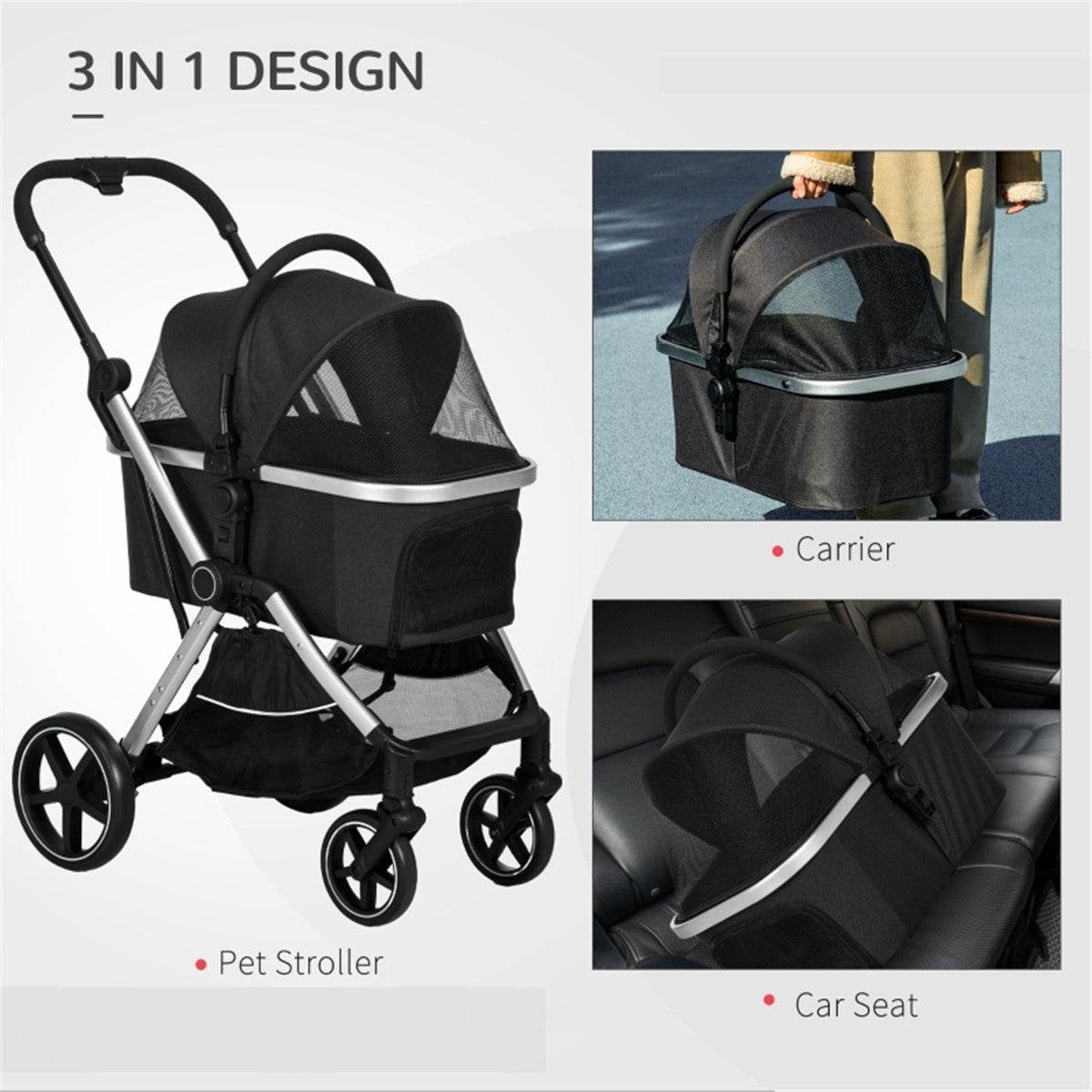 Lightweight Foldable Dog Stroller – Adjustable Canopy, Secure & Comfortable for Small Pets