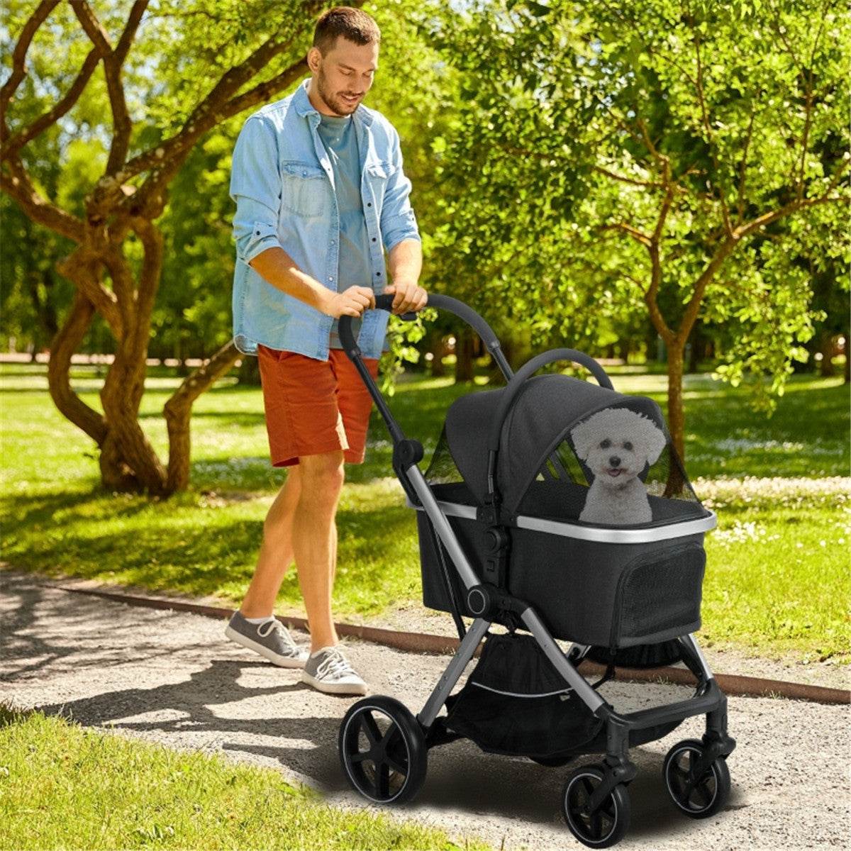 Lightweight Foldable Dog Stroller – Adjustable Canopy, Secure & Comfortable for Small Pets