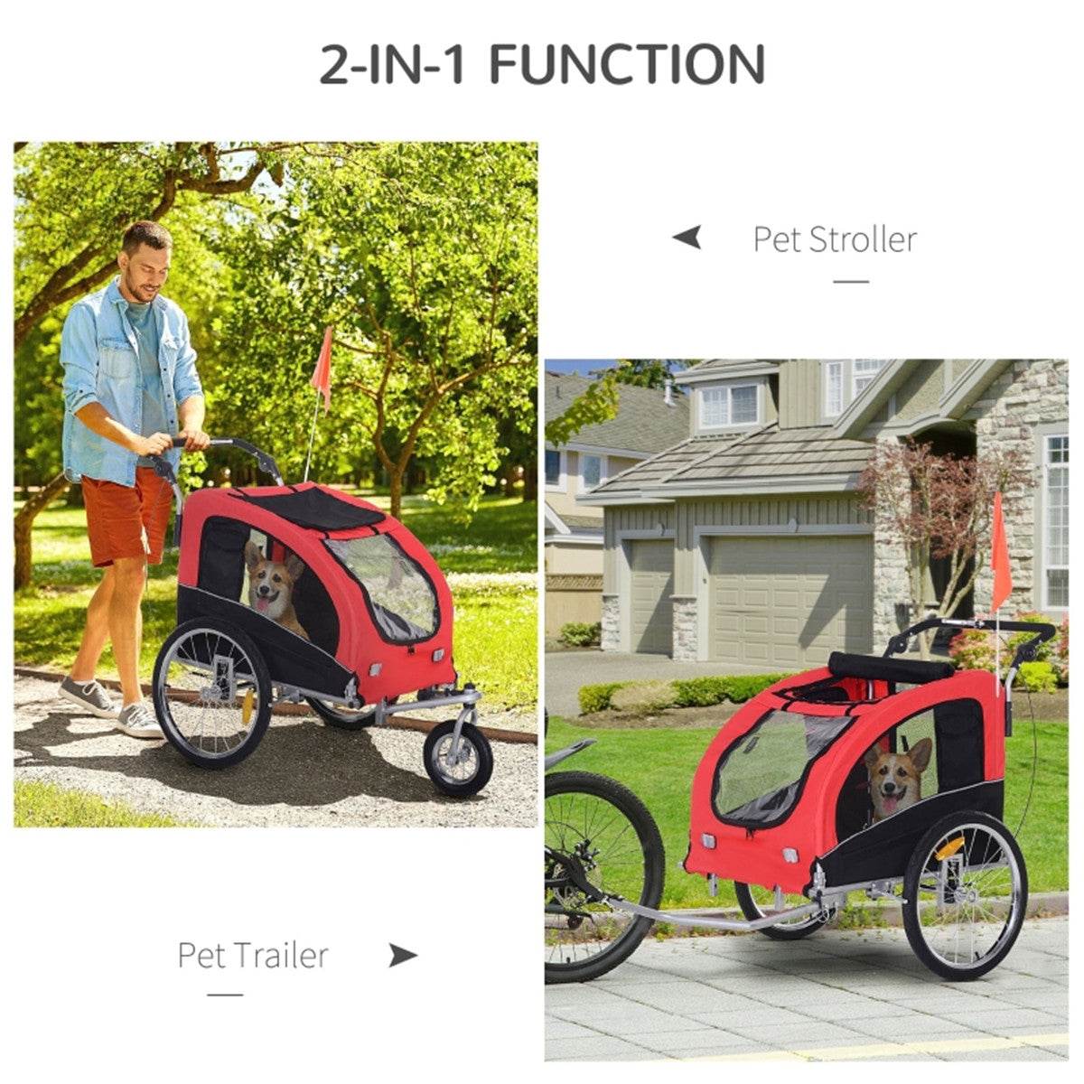 2-in-1 Dog Stroller & Bike Trailer – Foldable, Durable & Comfortable for Medium Pets (Black & Red)
