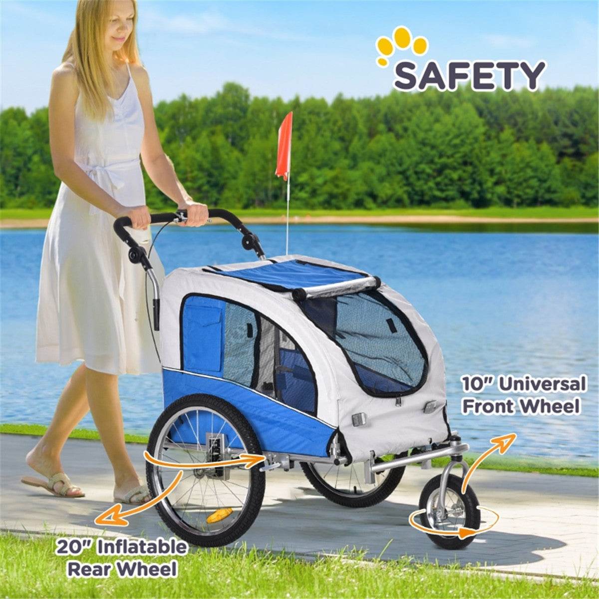 2-in-1 Dog Stroller & Bike Trailer – Foldable, Durable & Comfortable for Medium Pets (Blue & White) Default Title