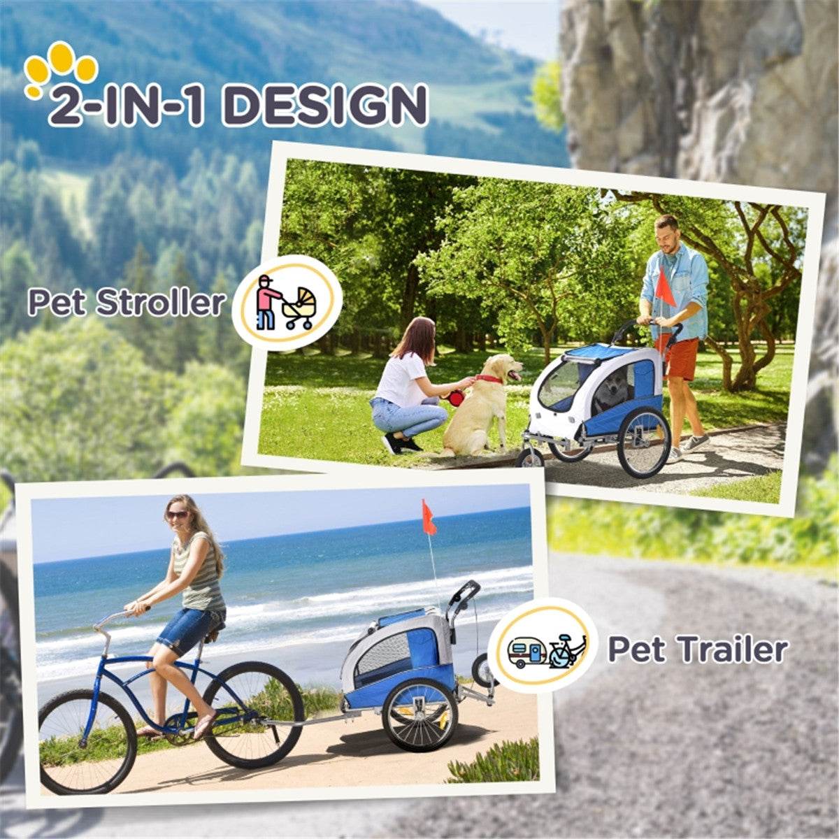 2-in-1 Dog Stroller & Bike Trailer – Foldable, Durable & Comfortable for Medium Pets (Blue & White)