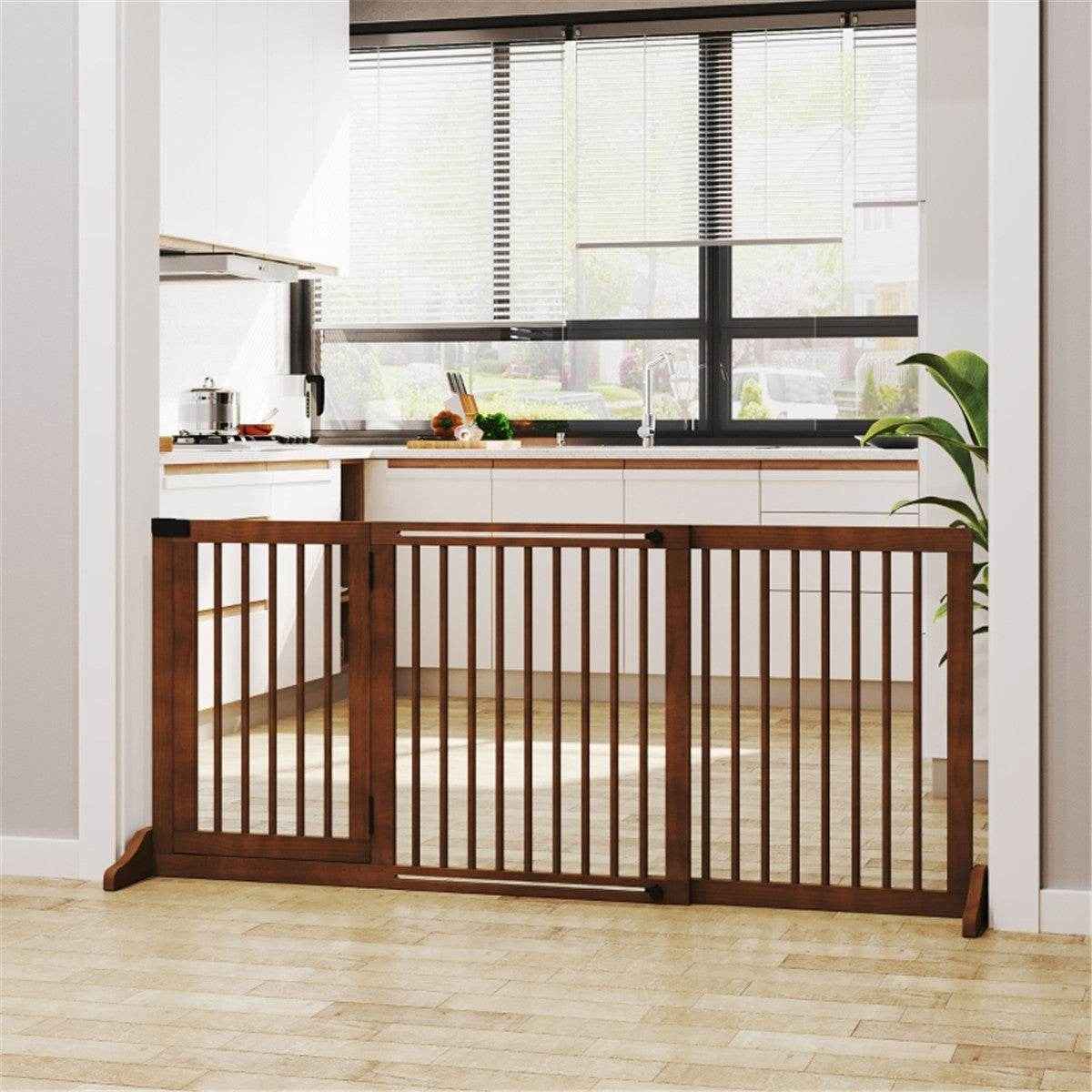 Expandable Wooden Pet Gate with Door – Adjustable Freestanding Barrier for Small to Medium Dogs