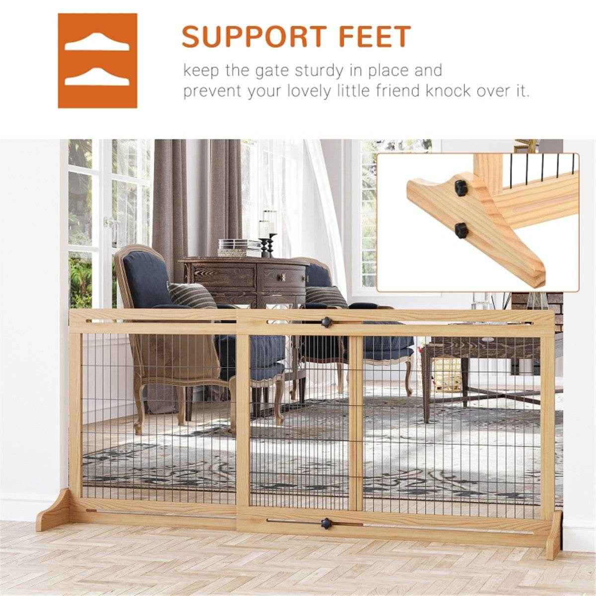 Expandable Wooden Pet Gate with Steel Wire – Adjustable Freestanding Barrier for Doorways and Hallways