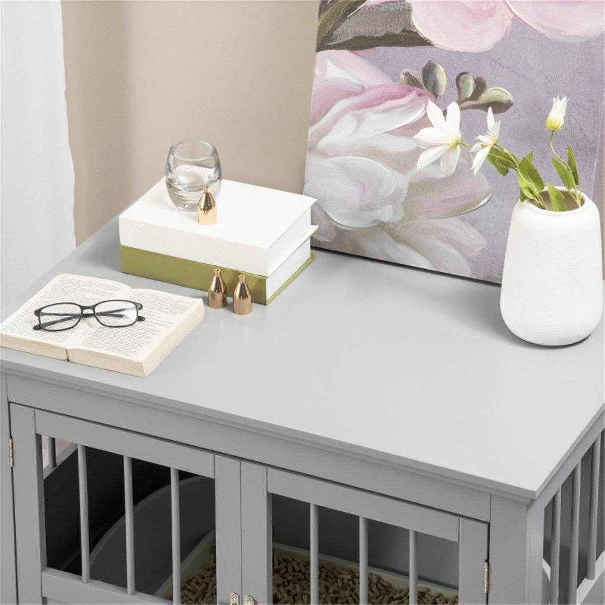 Modern Dog Crate Table with French Doors – Stylish and Functional for Small Dogs. Gray