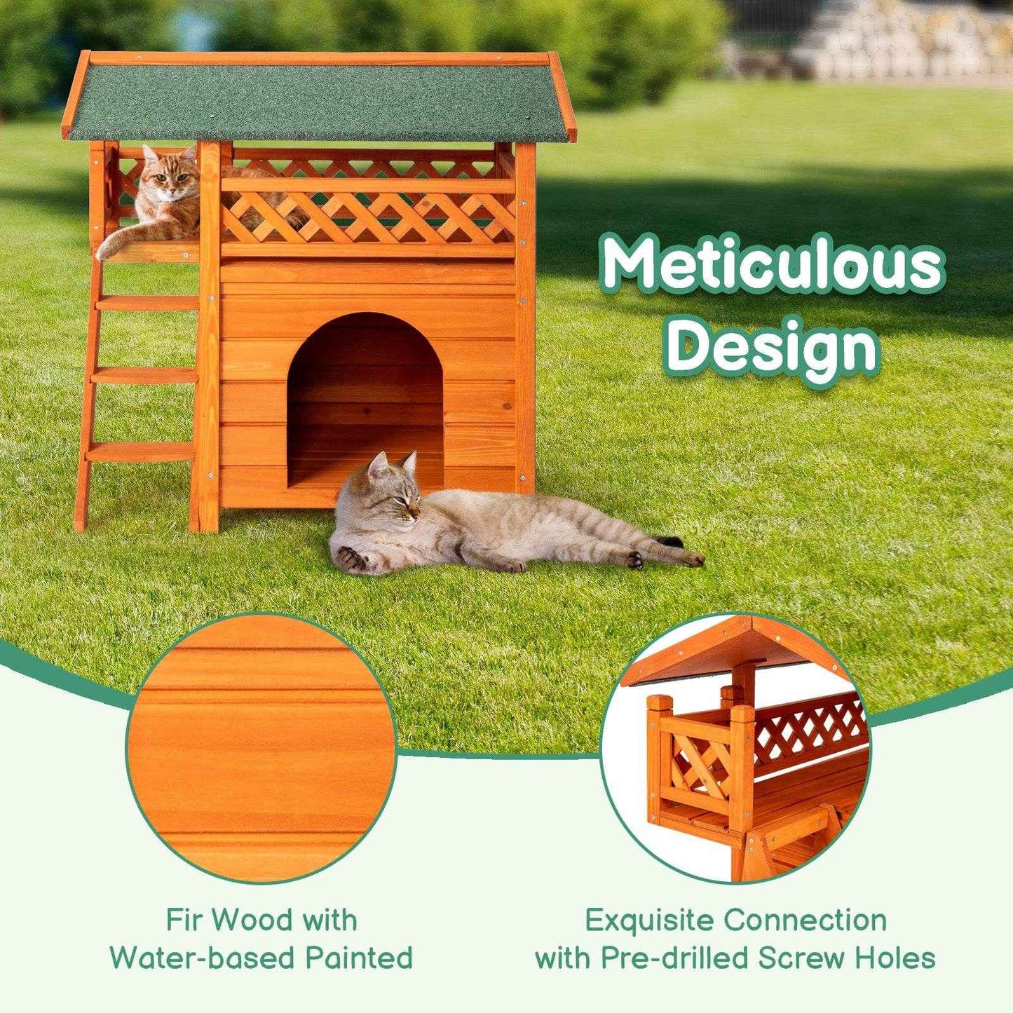 2-Story Wooden Cat House – Indoor & Outdoor Kitty Shelter with Door, Stairs, and Weatherproof Roof
