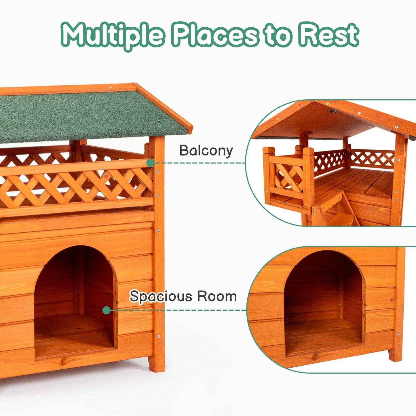 2-Story Wooden Cat House – Indoor & Outdoor Kitty Shelter with Door, Stairs, and Weatherproof Roof