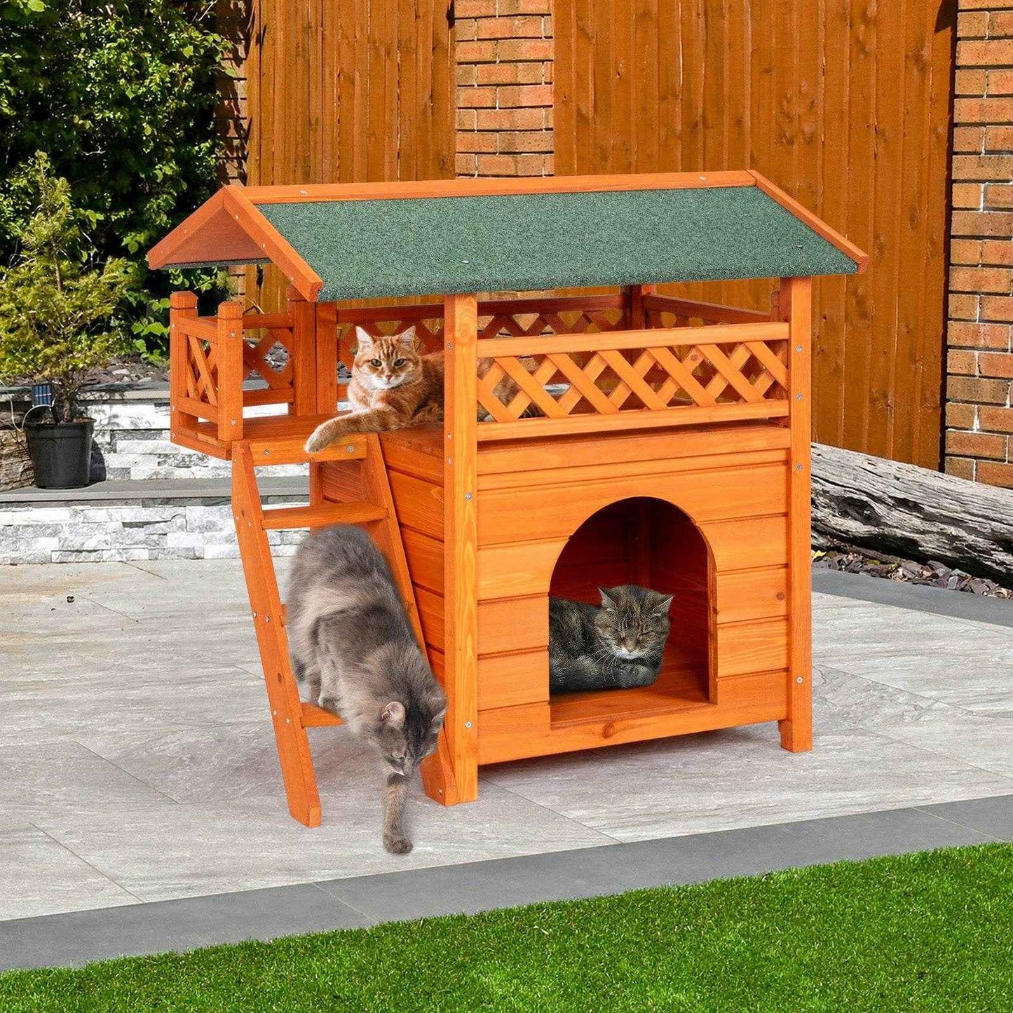 2-Story Wooden Cat House – Indoor & Outdoor Kitty Shelter with Door, Stairs, and Weatherproof Roof