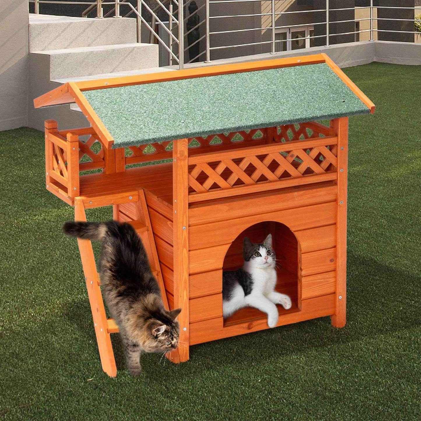 2-Story Wooden Cat House – Indoor & Outdoor Kitty Shelter with Door, Stairs, and Weatherproof Roof