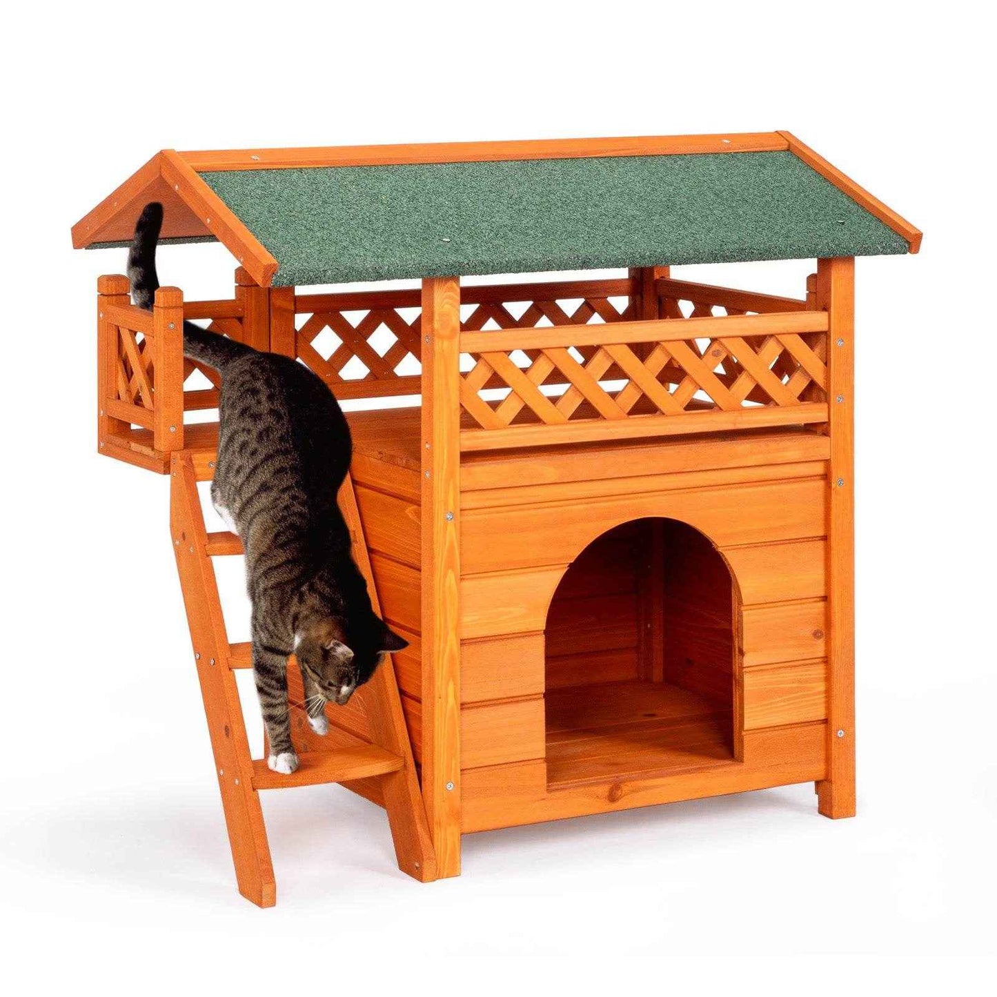 2-Story Wooden Cat House – Indoor & Outdoor Kitty Shelter with Door, Stairs, and Weatherproof Roof