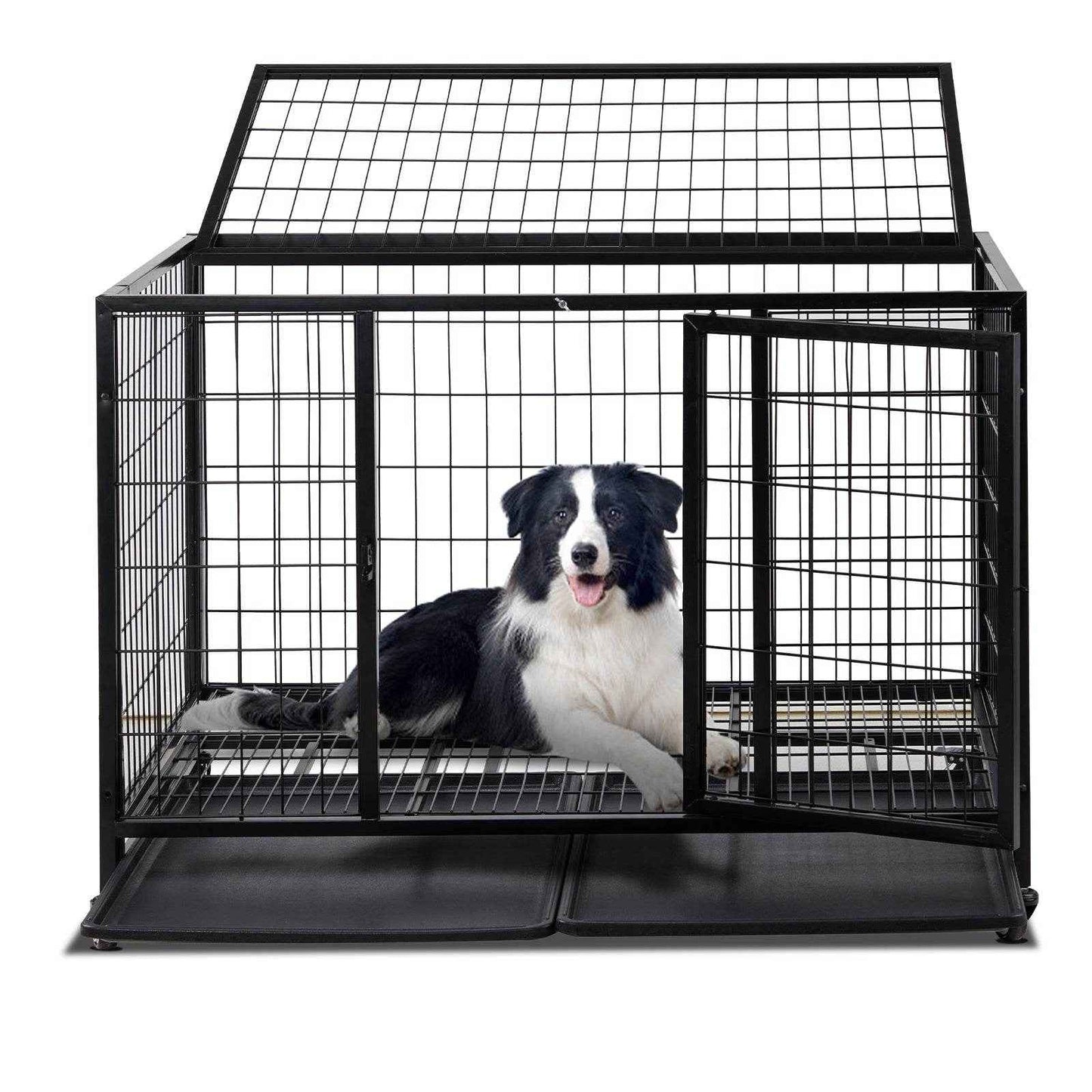 42-Inch Heavy-Duty Metal Dog Crate – Double Door Dog Cage for Medium to Large Dogs with Lockable Wheels and Removable Trays for Indoor & Outdoor Use