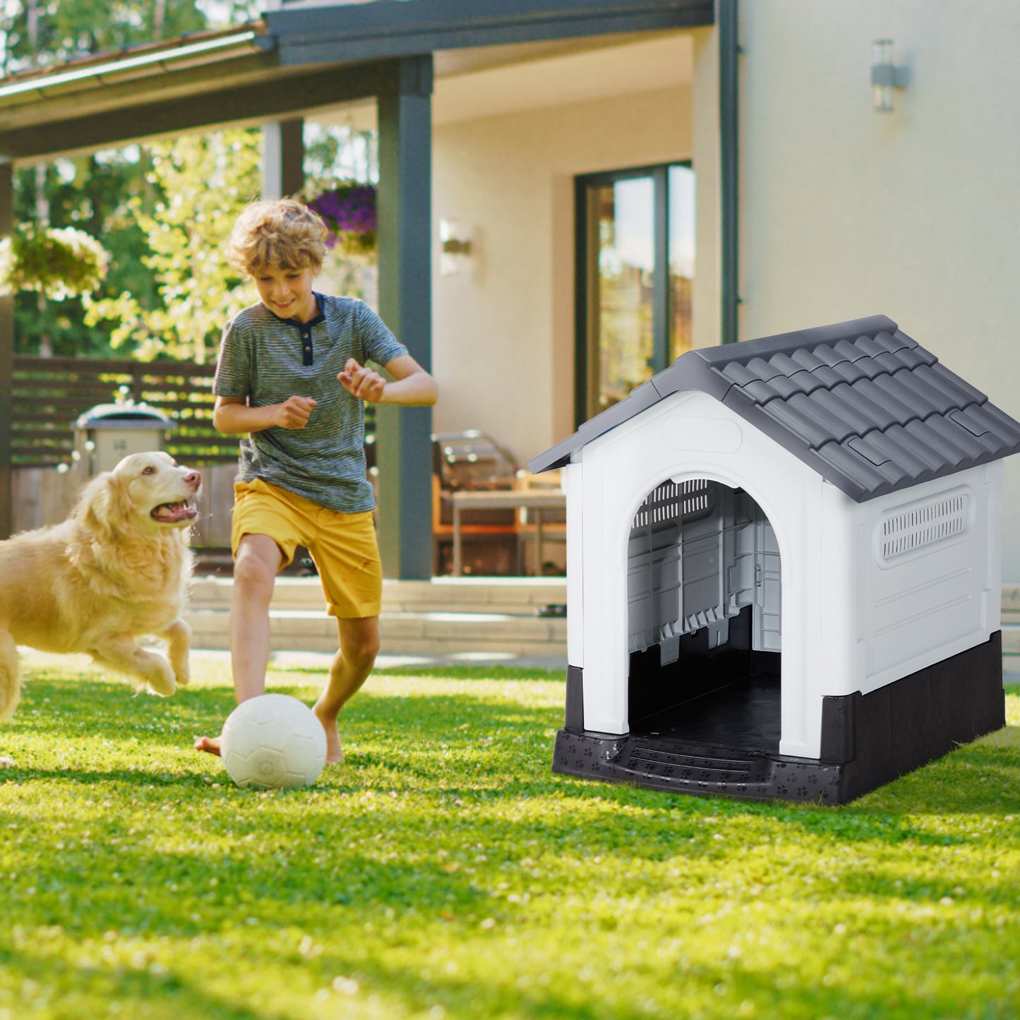 33" Waterproof Plastic Dog House – Indoor & Outdoor Pet Shelter with Air Vents & Elevated Floor (Gray & White)