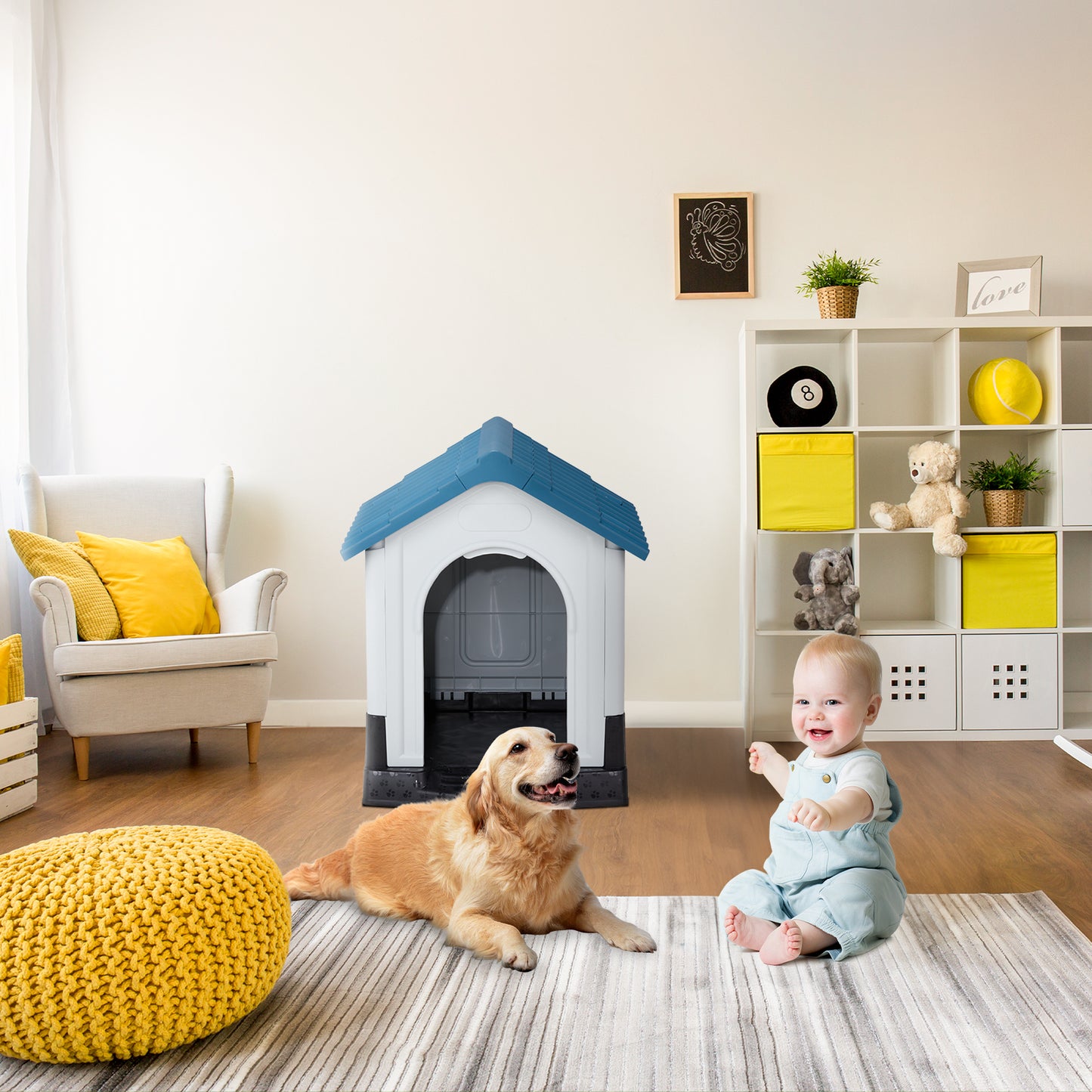 33" Waterproof Plastic Dog House – Indoor & Outdoor Pet Shelter with Air Vents & Elevated Floor (Blue & White)