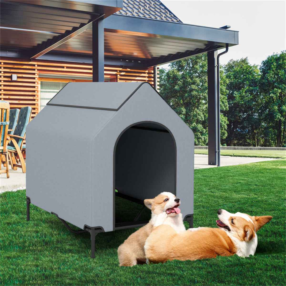 Spacious Elevated Dog House with Detachable Canopy for Indoor & Outdoor Use. 30" x 43" x 42"