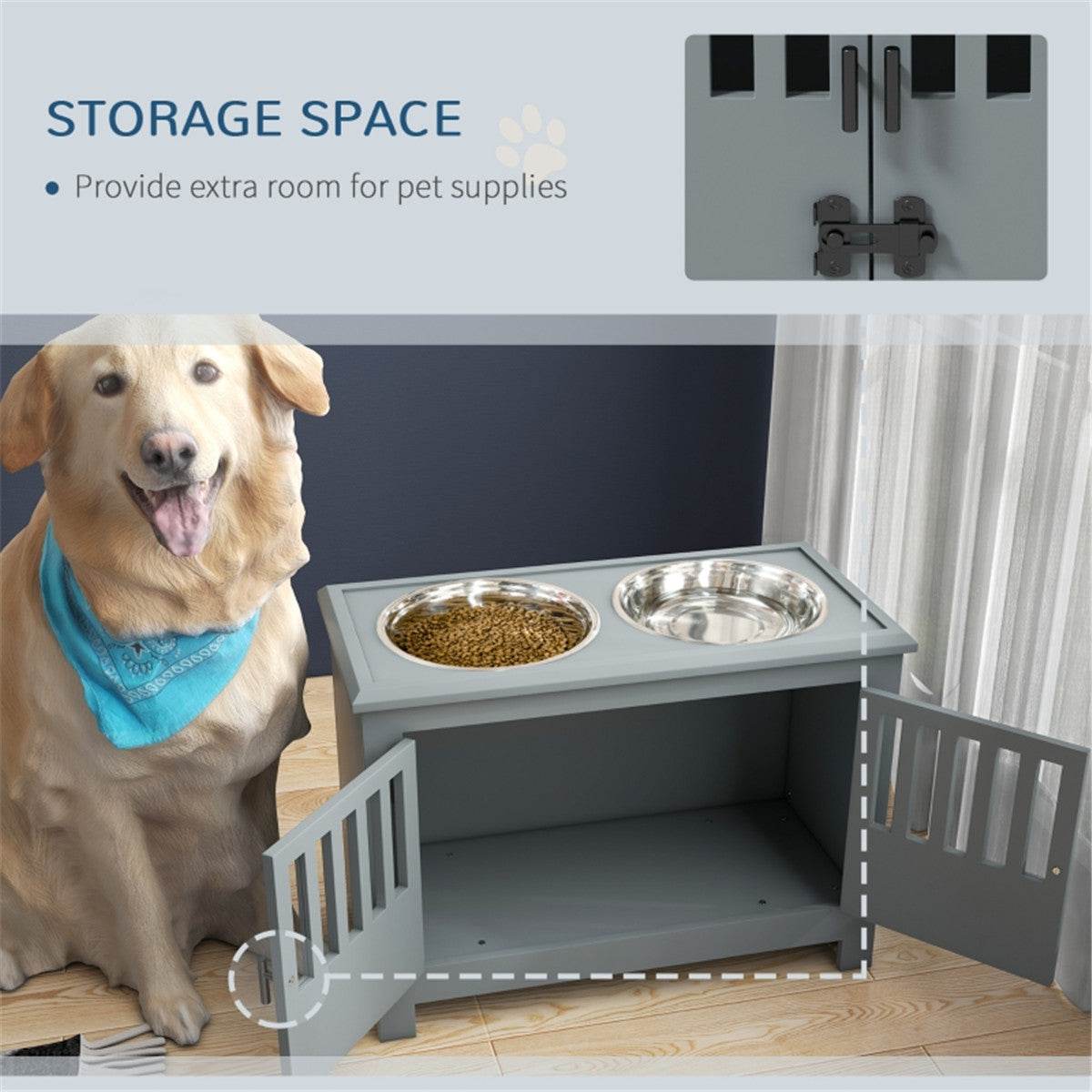 Dog Food Storage Cabinet with Elevated Feeder & Stainless Steel Bowls – Space-Saving Pet Feeding Station (Gray)