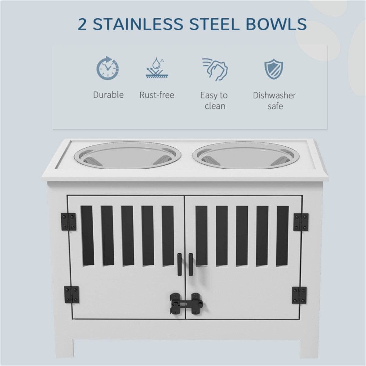 Dog Food Storage Cabinet with Elevated Feeder & Stainless Steel Bowls – Space-Saving Pet Feeding Station (White)