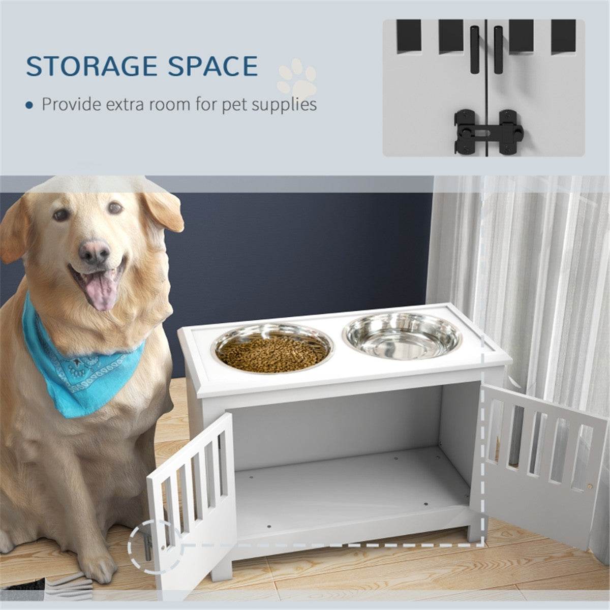 Dog Food Storage Cabinet with Elevated Feeder & Stainless Steel Bowls – Space-Saving Pet Feeding Station (White)