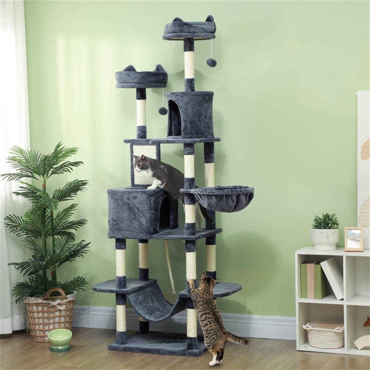 Tall Multi-Level Cat Tree for 1-3 Cats with Condos, Hammocks, and Scratching Posts