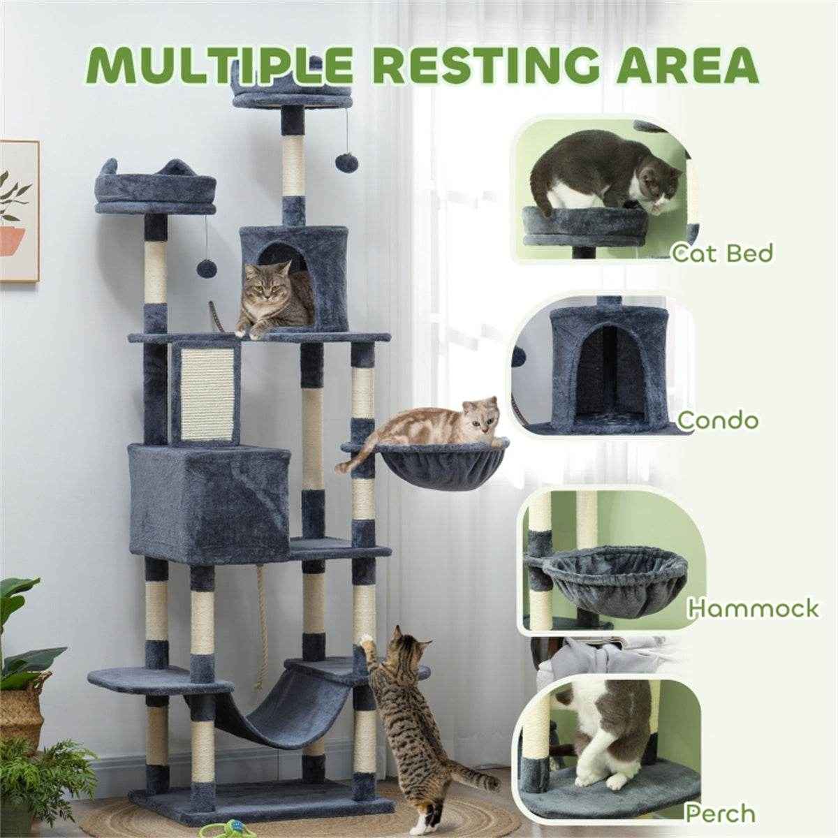 Tall Multi-Level Cat Tree for 1-3 Cats with Condos, Hammocks, and Scratching Posts