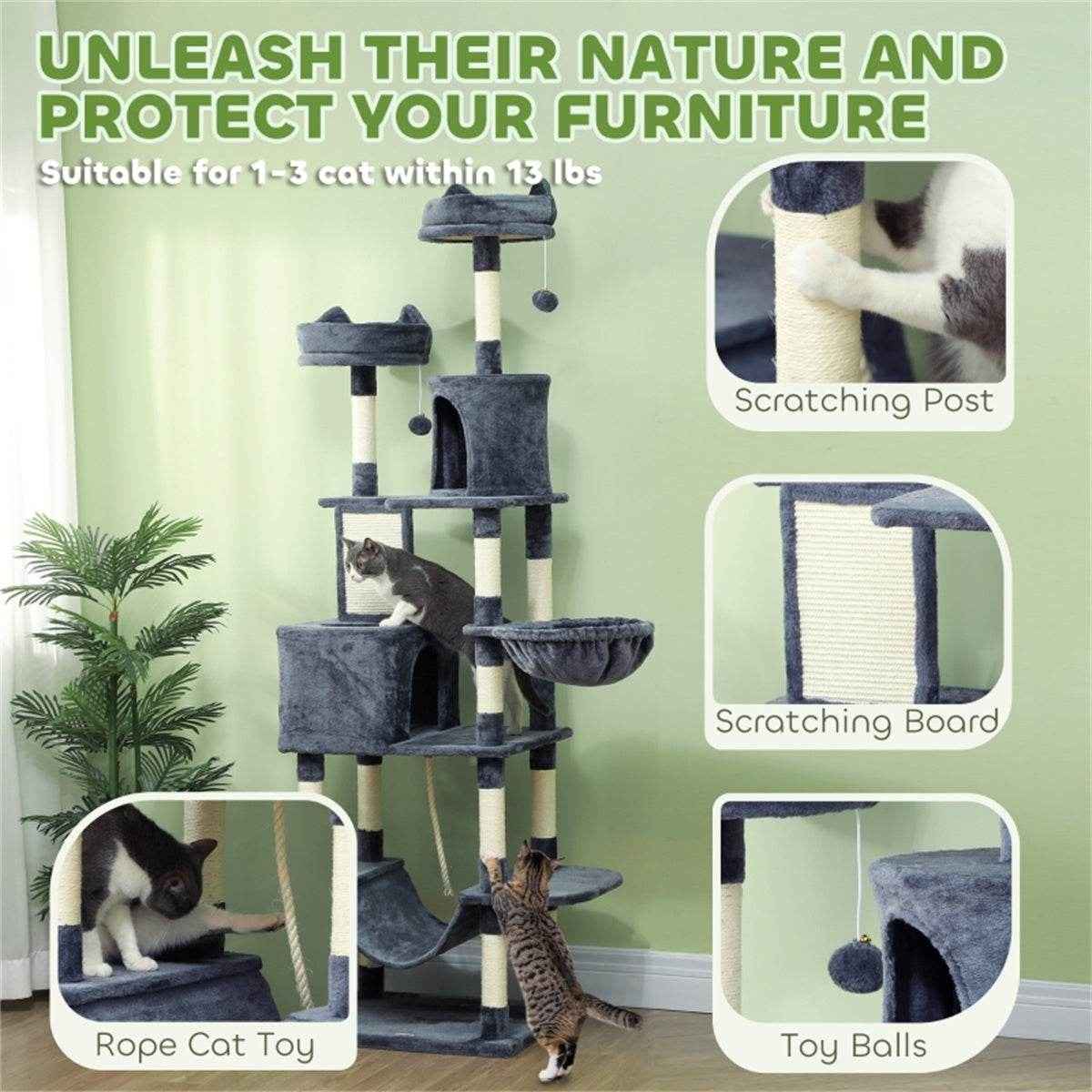 Tall Multi-Level Cat Tree for 1-3 Cats with Condos, Hammocks, and Scratching Posts