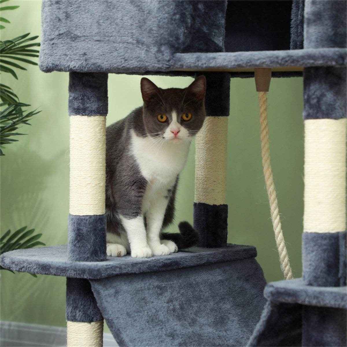 Tall Multi-Level Cat Tree for 1-3 Cats with Condos, Hammocks, and Scratching Posts