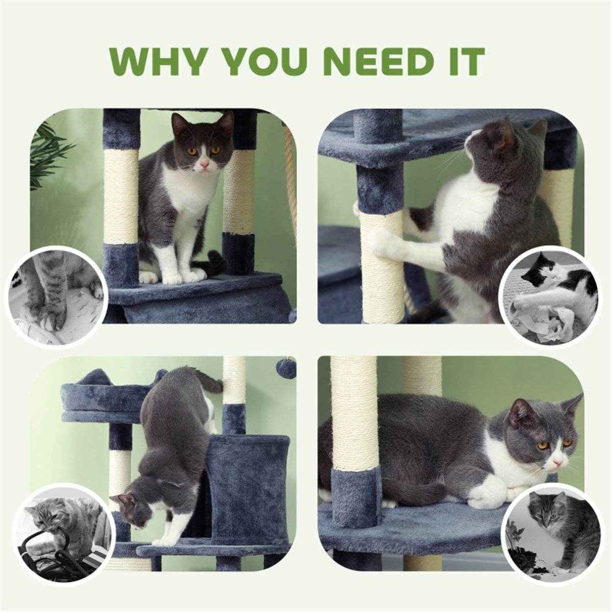 Tall Multi-Level Cat Tree for 1-3 Cats with Condos, Hammocks, and Scratching Posts