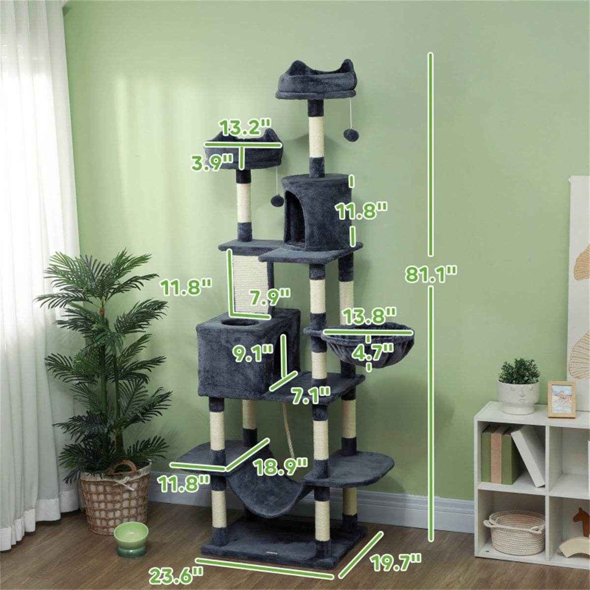 Tall Multi-Level Cat Tree for 1-3 Cats with Condos, Hammocks, and Scratching Posts