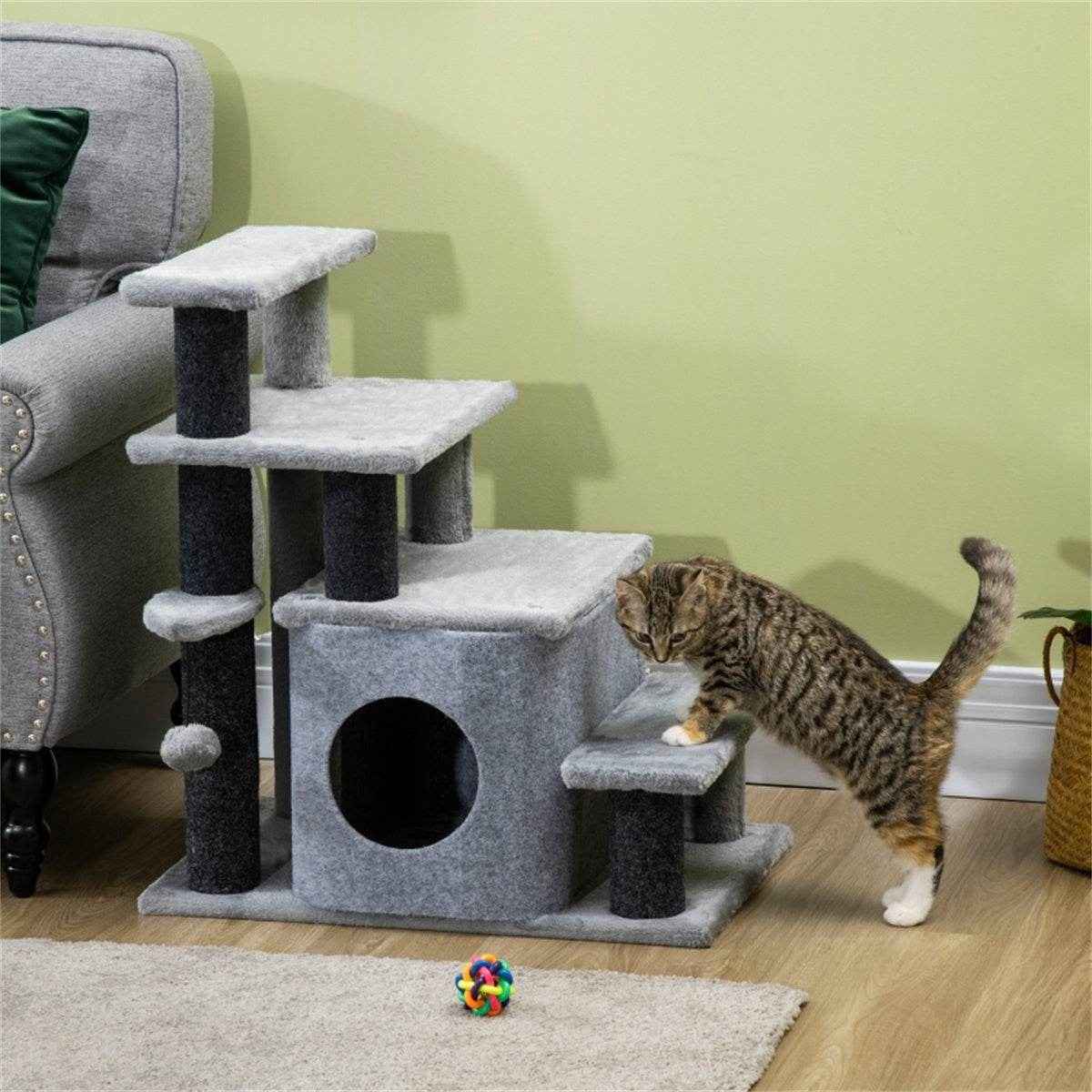 Adjustable Cat Stairs with Resting Condo and Hanging Toy for Cats Up to 10 lbs