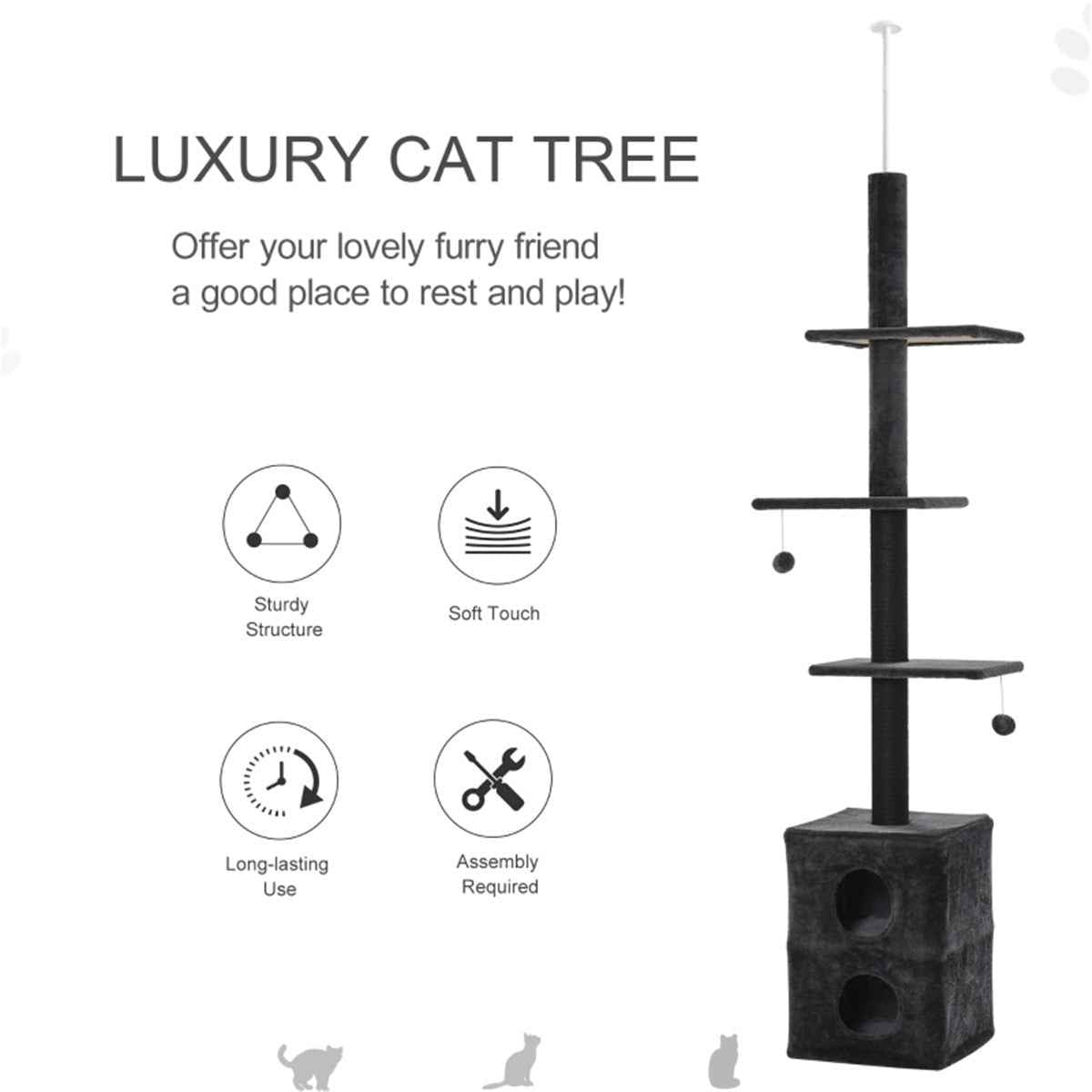 Multi-Level Adjustable Cat Tower with Condos, Perches, and Scratching Posts. 86.5"-96.5" H