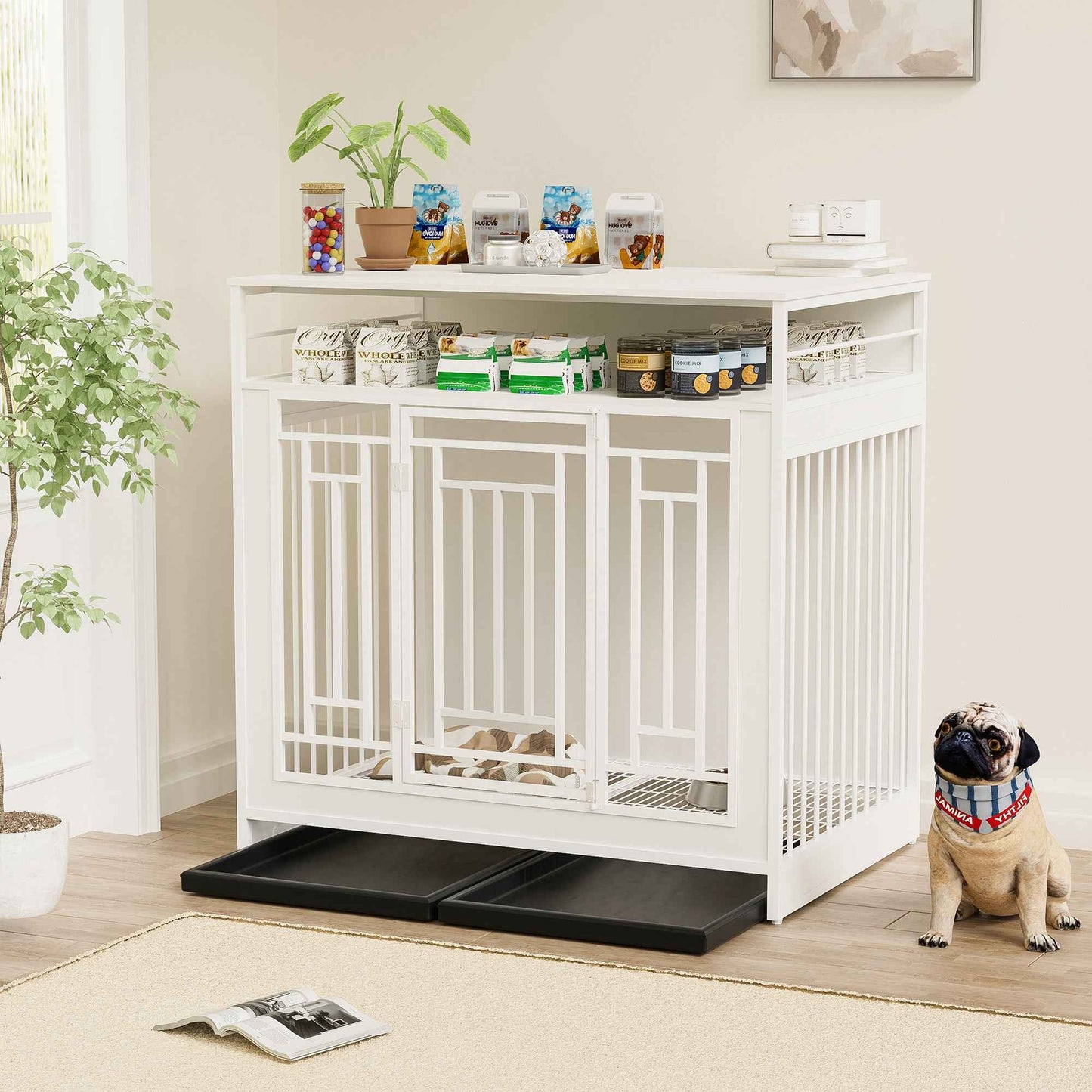 43.3" Wooden Dog Crate Furniture for Large Dogs – Heavy Duty with Divider, Double Doors, and Storage Shelf