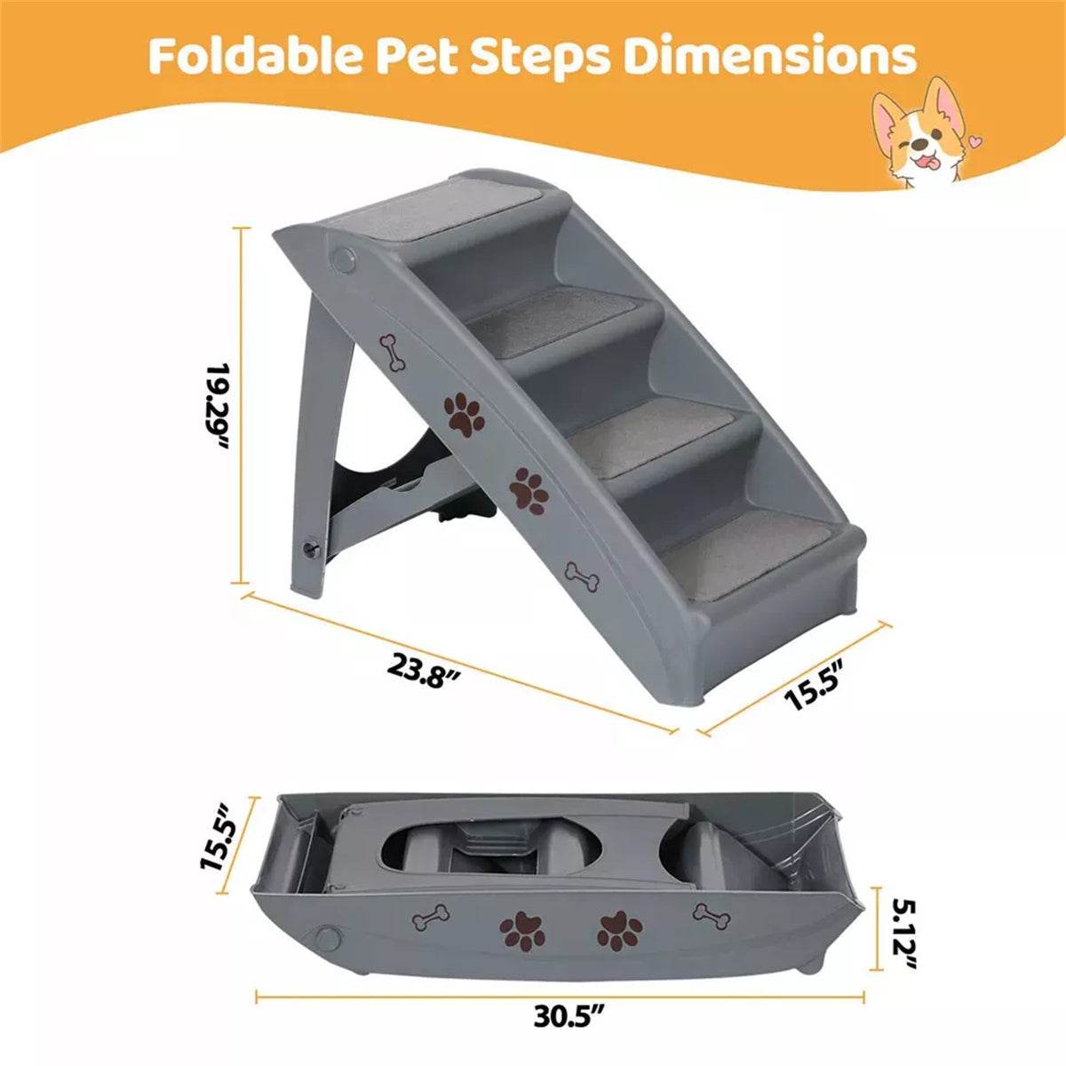 Foldable Dog Ramp Stairs – Lightweight, Non-Slip 4-Step Pet Stairs for Small & Medium Dogs (Grey)
