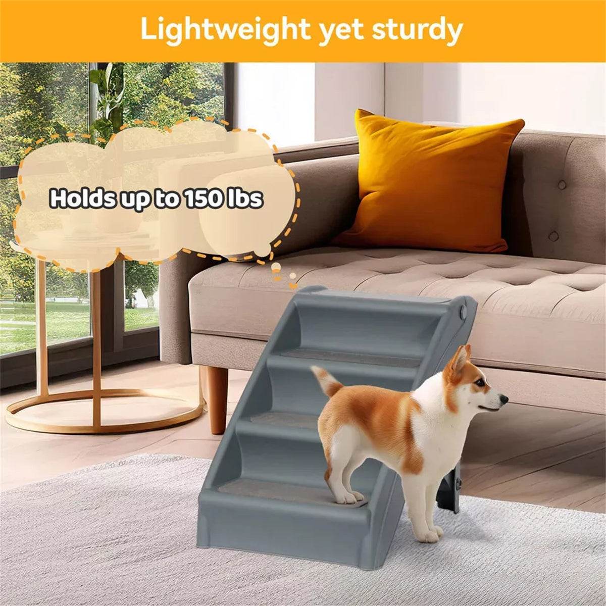 Foldable Dog Ramp Stairs – Lightweight, Non-Slip 4-Step Pet Stairs for Small & Medium Dogs (Grey)