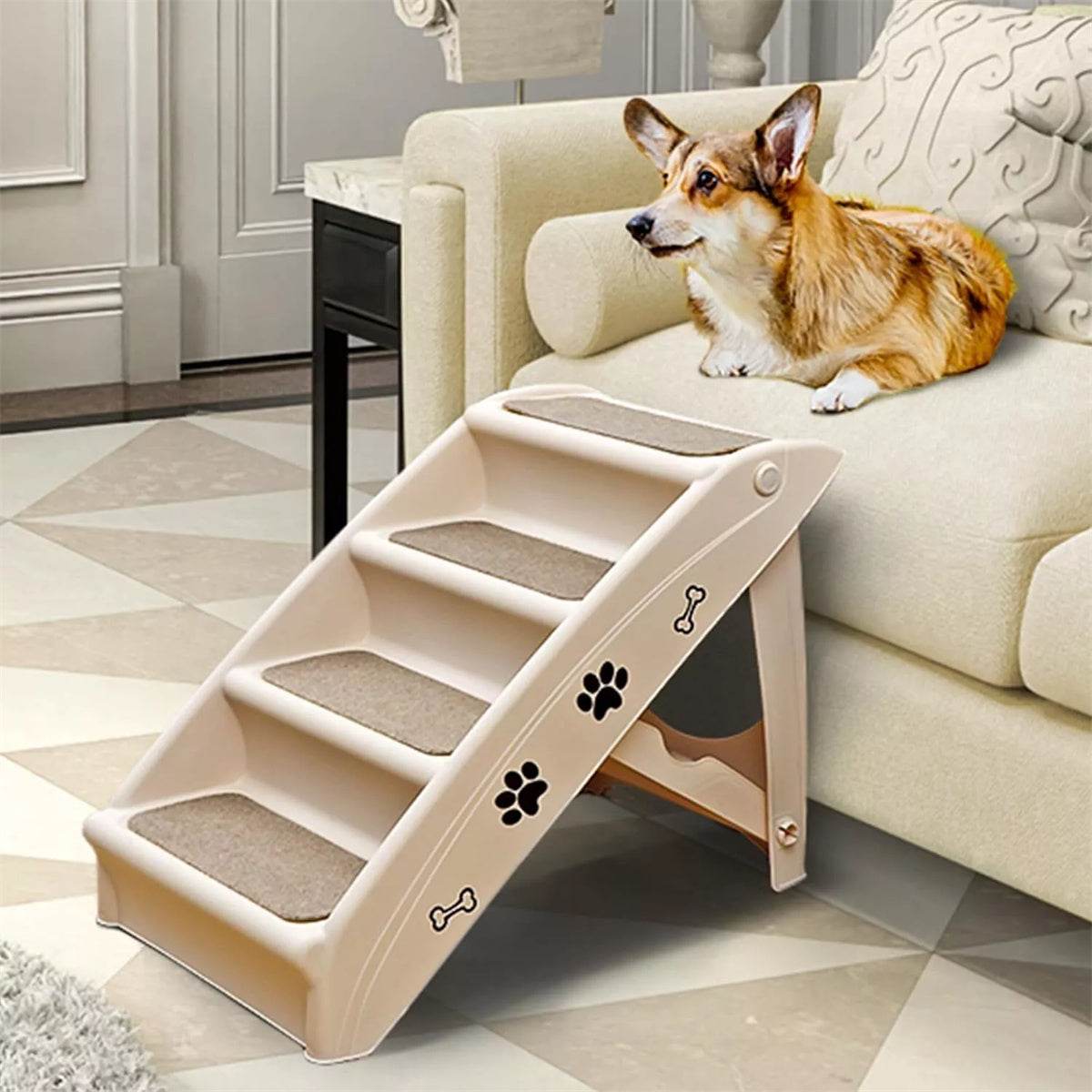 Foldable Dog Ramp Stairs – Lightweight, Non-Slip 4-Step Pet Stairs for Small & Medium Dogs (beige)